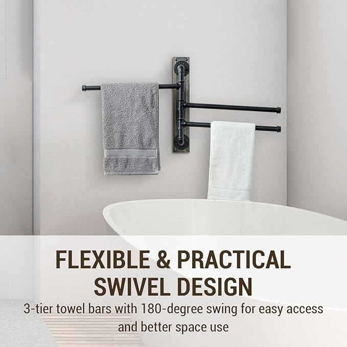 MyGift 17.3 Inch Wall Mounted Bathroom Swivel Towel Rack on Vintage Gray Solid Wood Board, 3 Tier Industrial Black Metal Pipe Bars with 180 Degree Swing for Towels