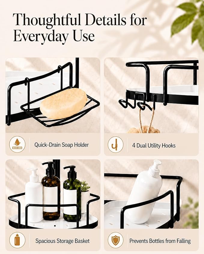 ALLZONE Corner Shower Caddy Tension Pole, 4 Hang-On Basket with Mixed-Height Shelves for Various Bottle Sizes, Extra Hooks & Soap Holder, Rustproof Stainless Steel, Fits 34–116 Inch, Black/White