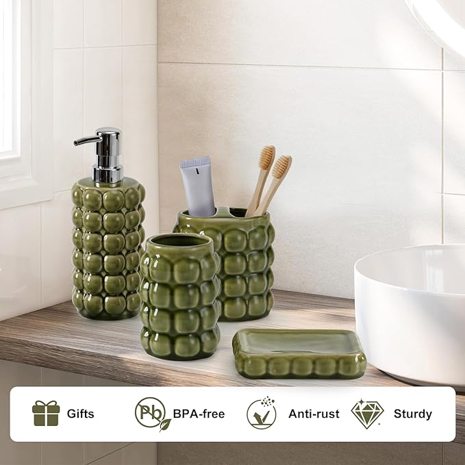 4 Piece Ceramic Bathroom Accessories Set –Soap Dispenser,Toothbrush Holder,Tumbler & Soap Dish,Includes Silicone Funnel,Non-Slip,Modern Farmhouse Countertop Organizer Set for Bathroom Decor, Green