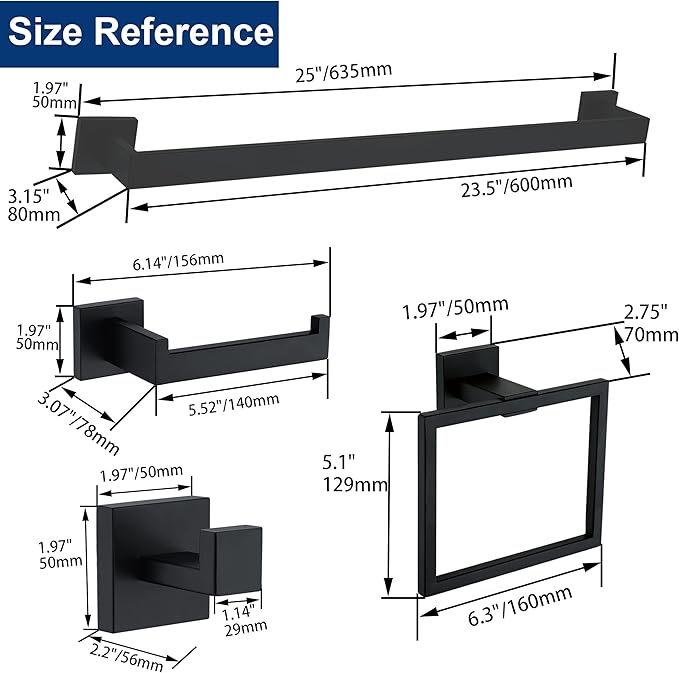 10 Pieces Bathroom Hardware Accessories Set Black, 24Inch Bathroom Towel Rack Set SUS304 Stainless Steel, Square Bath Towel bar Set Heavy Duty, Wall Mounted