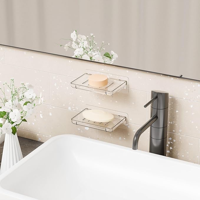 SUOXING 2 Pack Bar Soap Holder for Shower Wall,Self Draining Adhesive Soap Holder,Rustproof Wall Mounted Acrylic Shower Soap Rack & Caddy for Bathroom,Bath,Kitchen,No Drilling PlasticSoap Shelf,Clear