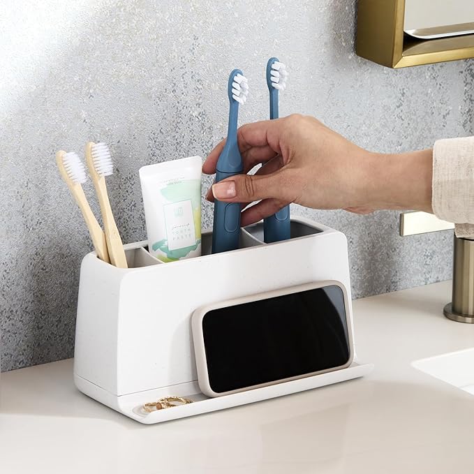 YouCopia The Ledge Toothbrush Holder, 3-Slot, Bathroom Vanity Counter Organizer with Cord Slots, Removable Base and Storage for Phones, Toothpaste and Accessories