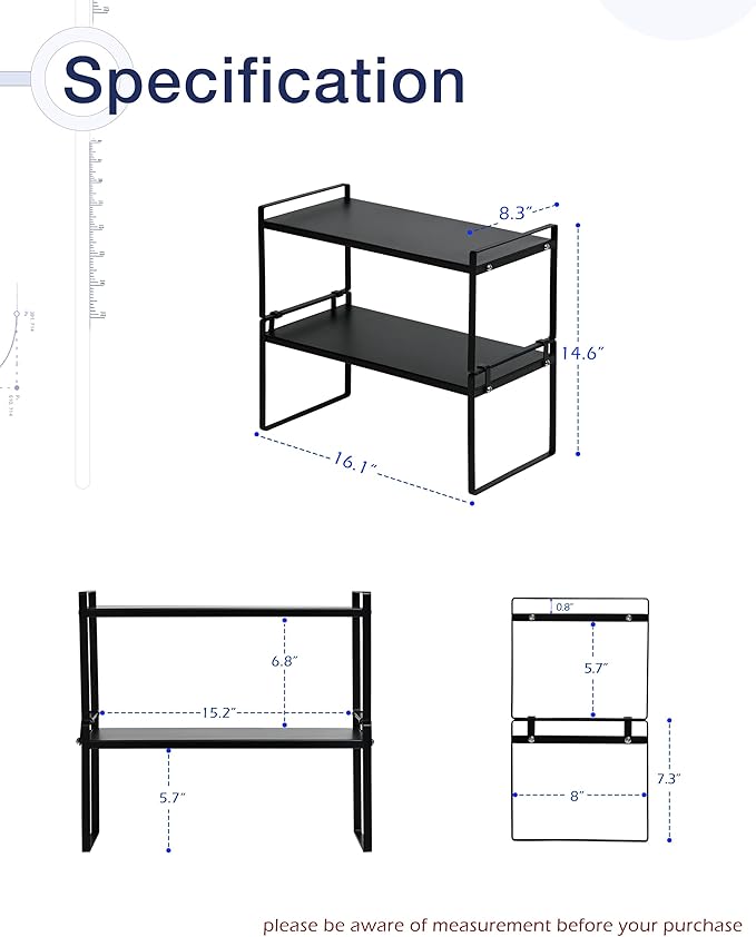 Nxconsu 2 Pack Cabinet Shelf Organizer 16.1"x8.3"x7.3" Black, Stackable Kitchen Counter Shelf Riser, Heavy Duty 3mm Steel Storage Rack for Pantry Cupboard Bathroom Under Sink, 50lbs Capacity, Non-Slip