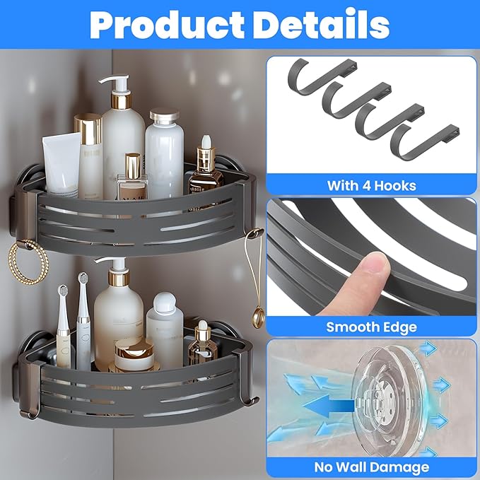 2 Pack Corner Shower Caddy Suction Cup Rust-proof aluminum alloy With 4 hooks No drilling required Removable Waterproof Bathroom Storage Rack for Shampoo, Shower Gel, Razors (gunmetal gray)