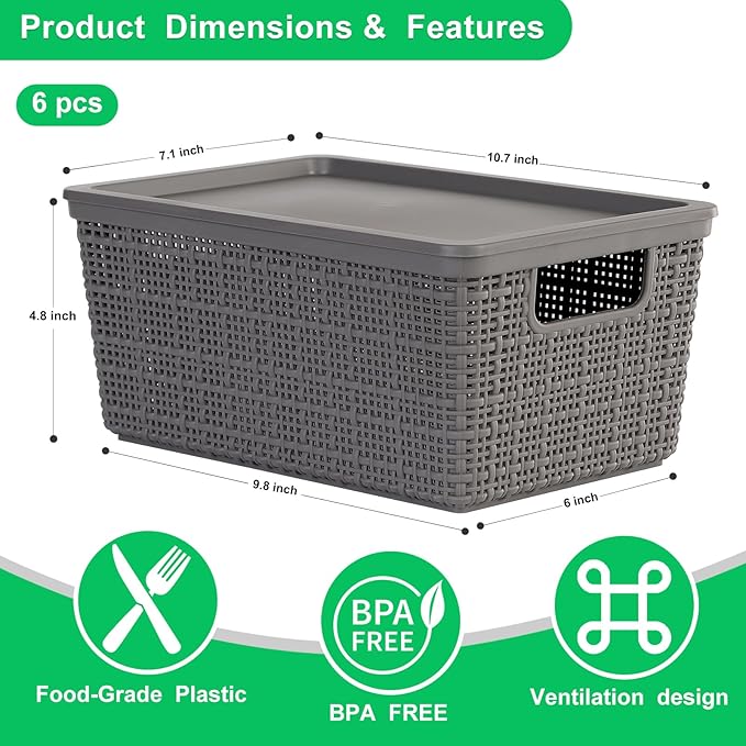 6 Pack Plastic Storage Baskets With Lids,Grey Breathable Stackable Storage Bins,Small Storage Containers,for Organizing Storage Baskets on Desktops,Closets,Playrooms,Classrooms,Offices