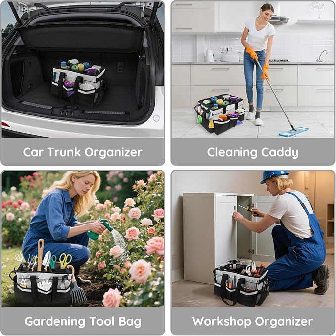 ZKOO Large Cleaning Caddy Bag with Handle, Built-in Sturdy Support Board, Adjustable Shoulder Strap, Multi-compartment Design Cleaning Supply Tote for Cleaners & Housekeepers (White)
