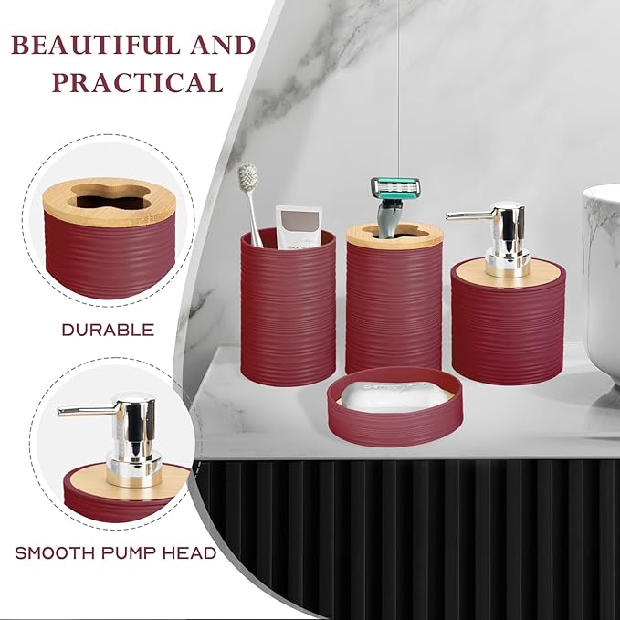 4 Pieces Bamboo Bathroom Accessories Set, Bathroom Accessory Set with Soap Dispenser and Toothbrush Holder, Soap Dish and Toothbrush Cup, Boho Bathroom Decor(Burgundy)