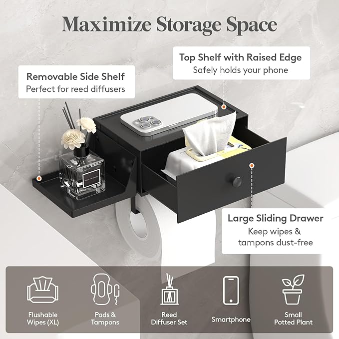 Lifewit Plastic Toilet Paper Holder with Shelf and Drawer, Screw or Adhesive Wall Mount Tissue Roll Storage, Sturdy Bathroom Wipes Dispenser Organizer, Black, 1 Pack