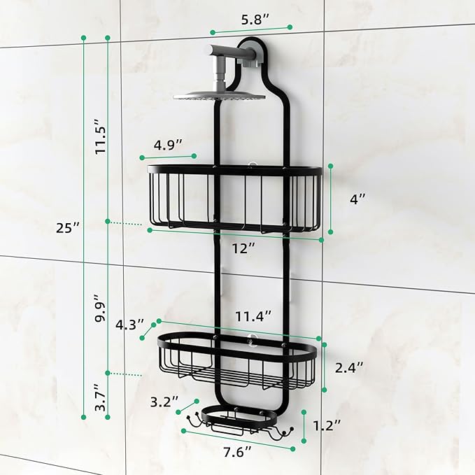 Shower Caddy Hanging, Bathroom Shower Rack, Bathroom Organizer with Soap Dish, Over The Showerhead Caddy with Hooks for Razor/Sponge, Black