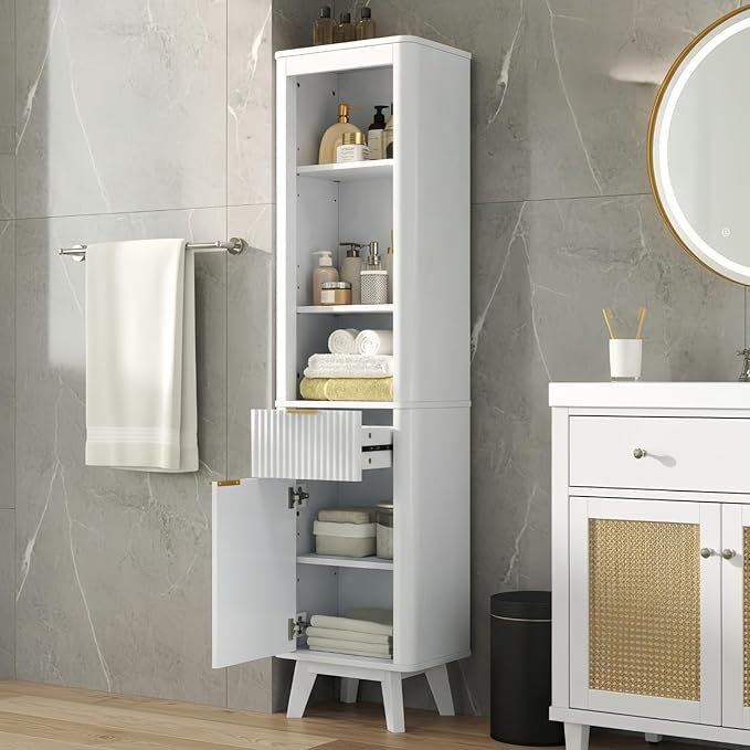 XIAO WEI 68" Tall Bathroom Storage Cabinet, Narrow Bathroom Storage Cabinets with 3 Adjustable Shelves, Slim Wooden Storage Cabinet with 1 Drawer & Door for Bathroom, White