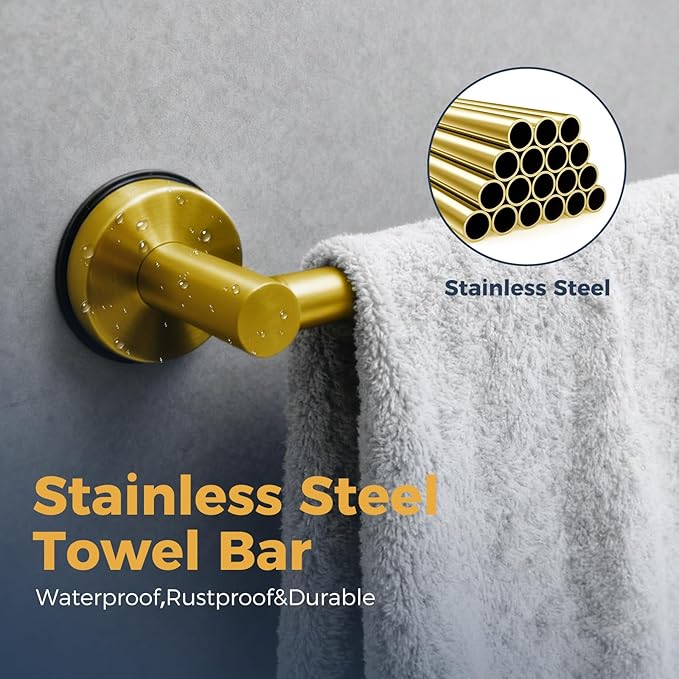 14.6inch~24inch Towel Racks for Bathroom,Adjustable Suction Cup Towel Bar for Bathroom Wall,Stainless Steel Bath Towel Holder for Shower,2 Pack(Brushed Gold)