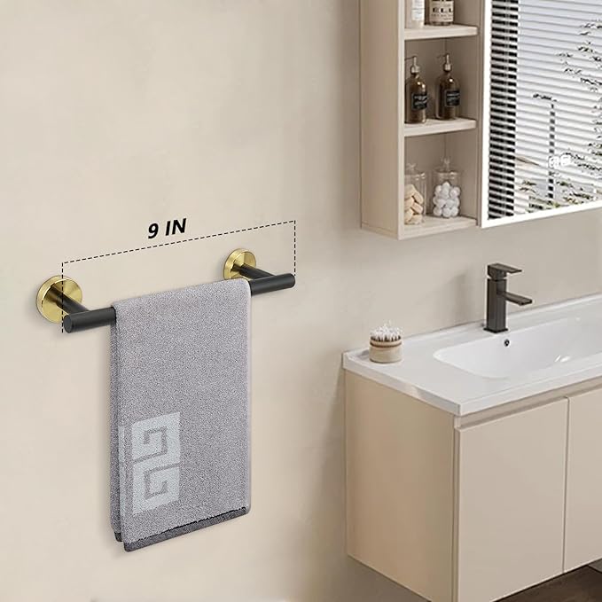NearMoon Bath Towel Bar, Thicken Stainless Steel Shower Towel Rack Holder Wall Mounted for Bathroom, 9-lnch Overall Length-7-lnch Usable Hanging Space (1 Pack, Matte Black & Gold)