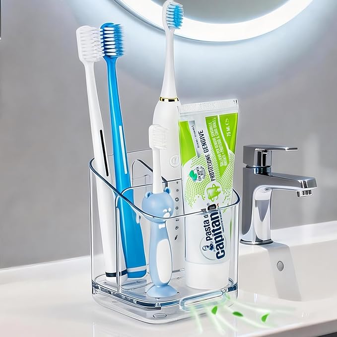 Bathroom Toothbrush Holders, Upgraded 3 Slots Detachable Wall Mounted & Countertop Toothbrush Holder with Drainage, Bathroom Caddy for Electric Toothbrush & Toothpaste, Ideal for Family & Kids (Clear)