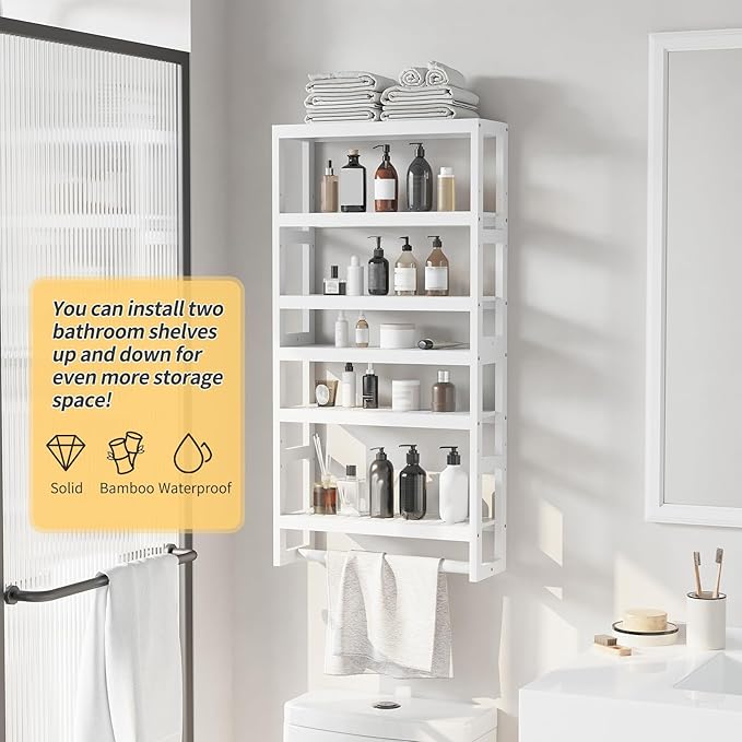 Bathroom Shelves with Hanging Bar Over Toilet Storage - Adjustable Wall Organizer (White)