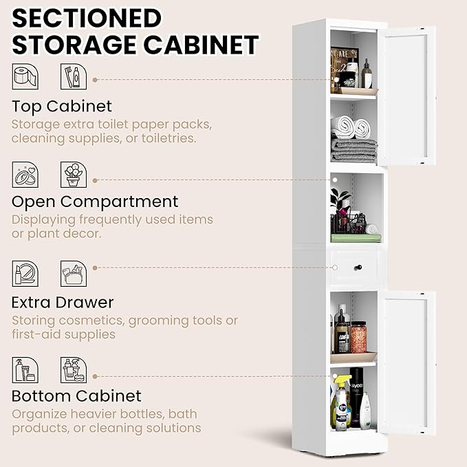 71 Inch Tall Narrow Bathroom Storage Cabinet, Slim Metal Freestanding Floor Cabinet with Doors, Adjustable Shelves, Drawer & Open Shelf, Bathroom Organizer for Small Spaces, White