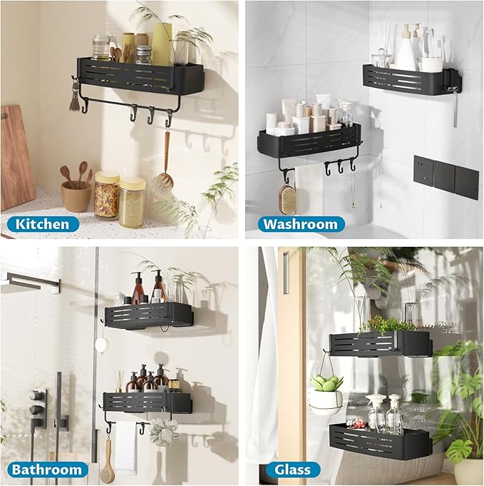 Onemake Suction Cup Shower Caddy, Suction Shower Shelf with Portable Hooks, Bath Organizer with Towel Bar for Bathroom Storage(Matte Black)