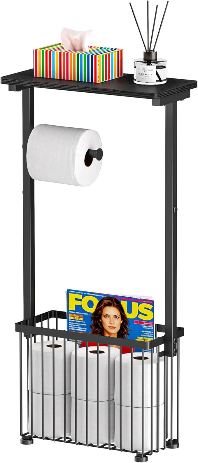 Free Standing Toilet Paper Holder Toilet Storage Stand Bathroom Holder with Storage Paper Towel Holder with Shelf,Simple Black,Can Hold 4-6 Rolls.Place Mobile Phones