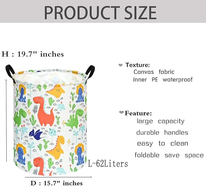 Kids Laundry Hamper Clothes Gift Basket Storage Laundry Baskets Organizer Bin with Handles for Nursery Room (Baby Dino)