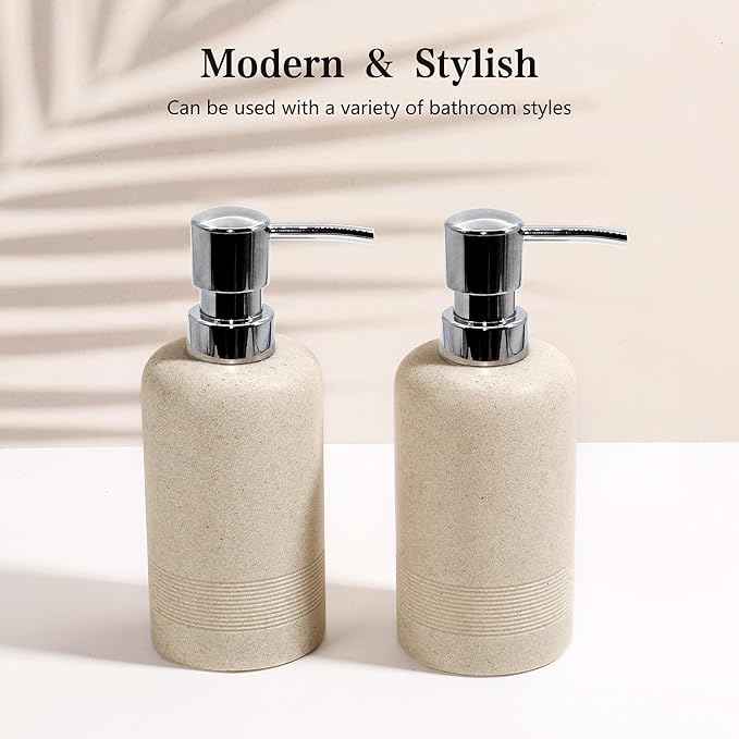 YMXYJM Resin Soap Dispenser Sets, 2 Pcs Heavy Lotion Dispensers,10.8oz Refillable Liquid Soap Dispensers with Rust-Proof Pump for Bathroom Countertop or Kitchen, Stone Beige