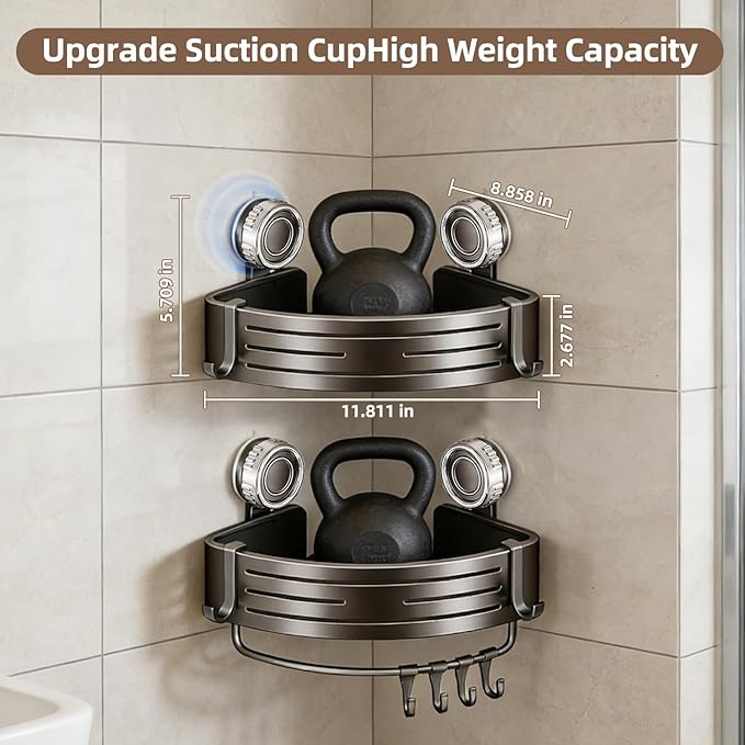 Corner Shower Caddy,Suction Cup Shower Bathroom Wall Shelf,No Drill Rust Proof Aluminum Organizer with Hooks,Floating Rack for Inside (Suction Cup Corner Shower Caddy,2 Tier,Gray)