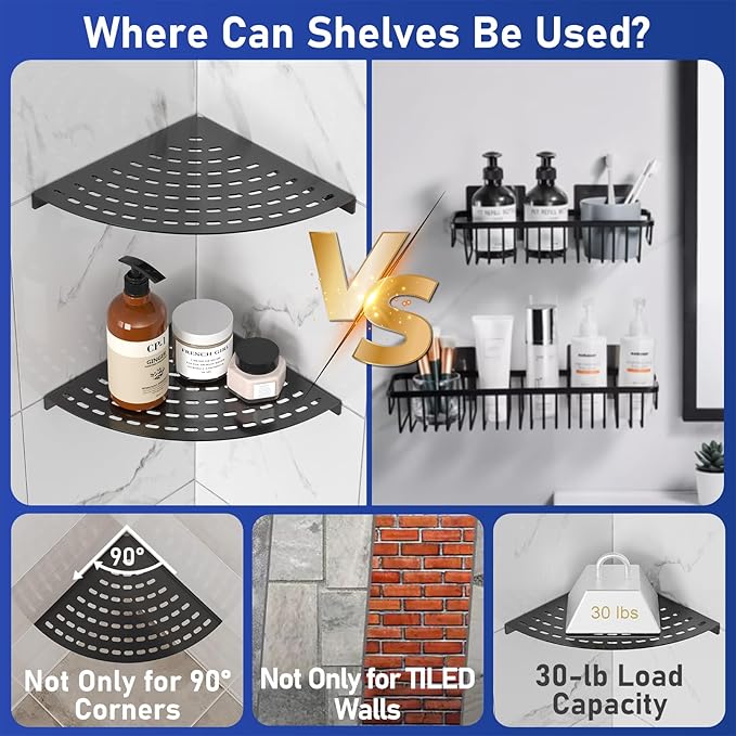 2 Pack Corner Shower Shelves 304 Stainless Steel Shower Corner Shelf Matte Black 8 in Corner Shower Shelf Prevent Rust Drilling Installation