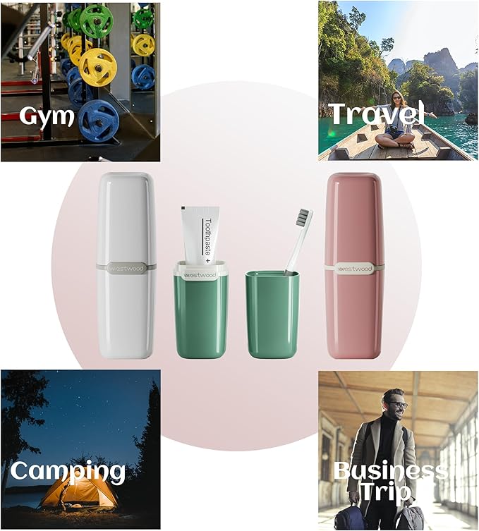 HyJeryty Simple Pink Toothbrush Travel Case, Portable Travel Toothbrush & Toothpaste Holder Cover Organizer Container with Mouthwash Cup for School, Camping, Business Trip, Bathroom Storage