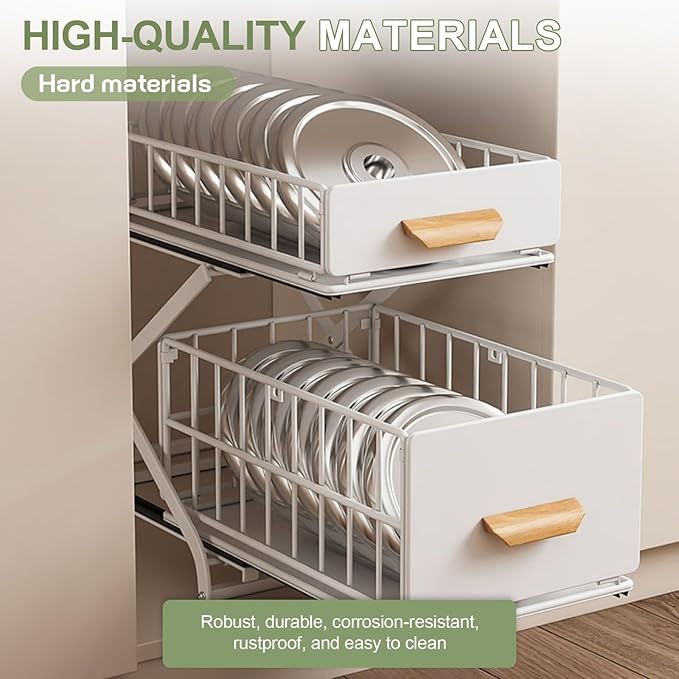 2 Tier Pull Out Pull out Cabinet Organizer with Adjustable Height, Under Sink Organizer, Slide out Pantry Shelves Drawer Storage for Kitchen Organization (White, 2 Tier)