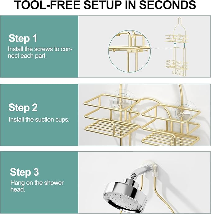 SRIWATANA Shower Caddy Hanging, Bathroom Organizer, No Drilling Shelves Over Shower Head, Bath Rack Holder with Hooks for Razors and Sponge - Gold