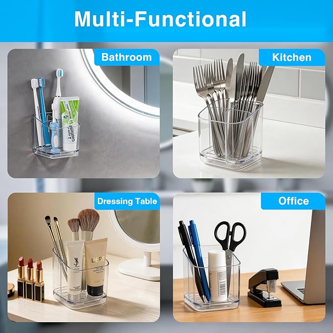Bathroom Toothbrush Holders, Upgraded 3 Slots Detachable Wall Mounted & Countertop Toothbrush Holder with Drainage, Bathroom Caddy for Electric Toothbrush & Toothpaste, Ideal for Family & Kids (Clear)