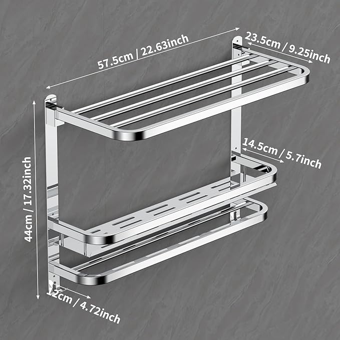 CAXIMSY 22.8Inch Towel Rack for Bathroom and Lavatory Towel Hanger with Wall Mount Towel Bars 304 Stainless Steel No Drill (Collapsible Towel Rack with Bathroom Organize Shower Shelves)