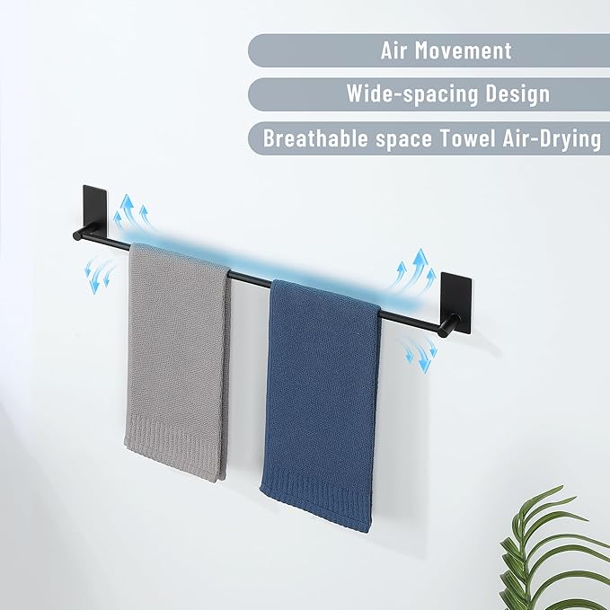 Alise Adhesive Towel Bar, 24 Inch Towel Racks for Bathroom SUS 304 Stainless Steel,Bathroom Towel Holder No Drill, Strong Self Adhesive Towel Bar, Matte Black