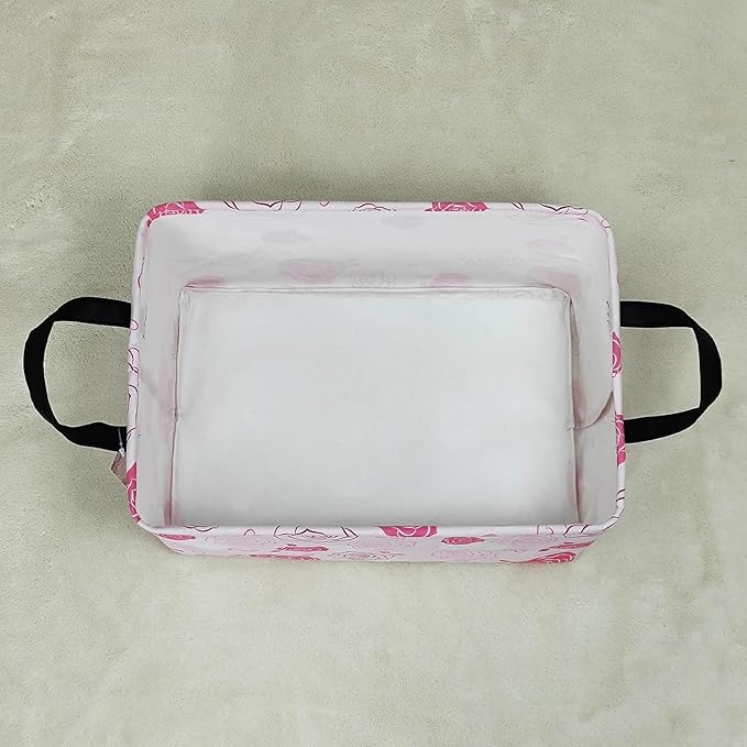 Storage Bins, Nursery Hamper Canvas Laundry Basket Foldable with Waterproof PE Coating Large Storage Baskets for Kids Boys and Girls, Office, Bedroom, Clothes,Toys(Rec-Pink roses ）