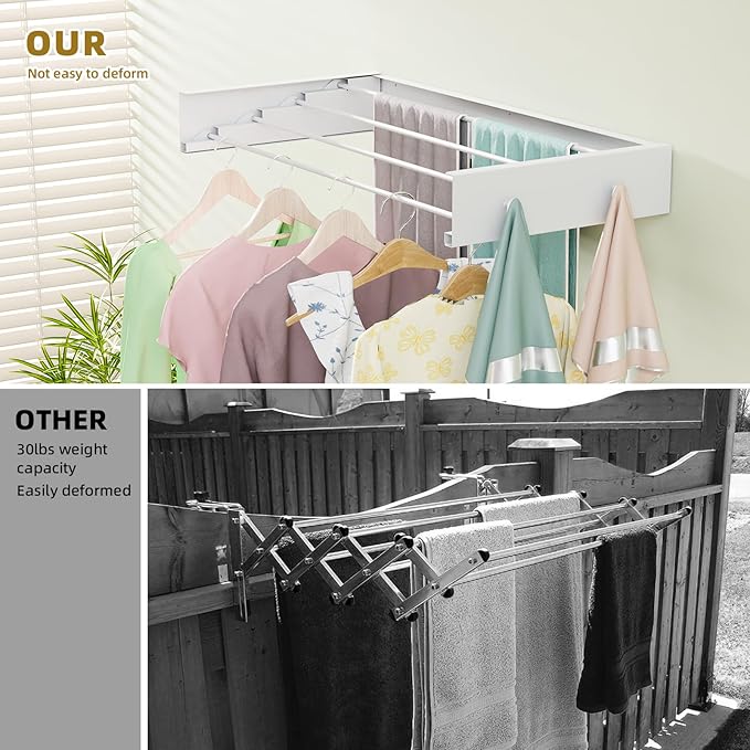 Wall Mounted Drying Rack 23.6'', Foldable Laundry Drying Rack Wall Mount with 4 Towel Hooks and 4 Rods, Space Saving Drying Rack Clothing for Indoor Outdoor Bathroom Balcony (White, 23.6'')