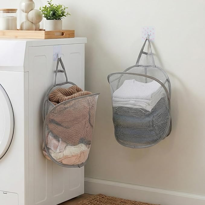2 Pack Mesh Hanging Laundry Hamper, Small Foldable Wall Laundry Baskets Space-Saving Wall Hamper Portable Dirty Clothes Organizer for Home, Dorms, Hotels, RVs Grey