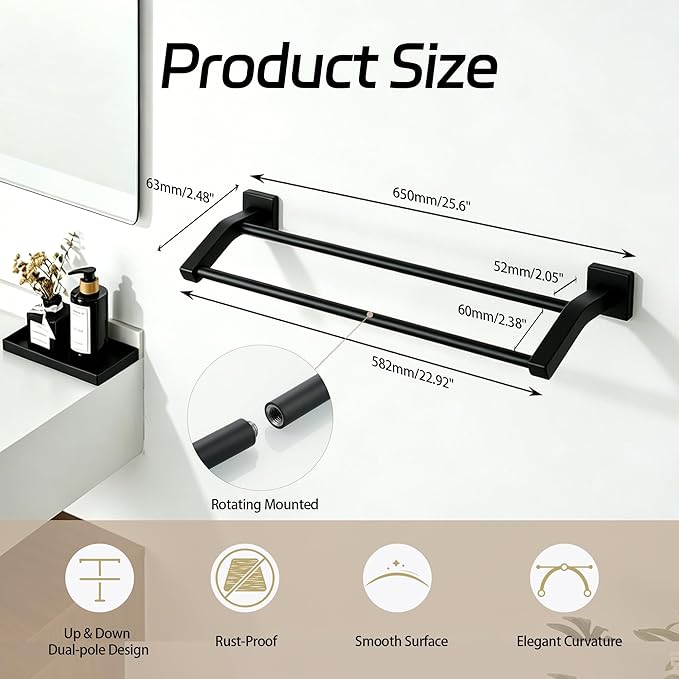 Alise Double Towel Bar, 24 Inch Towel Rack for Bathroom Wall Mounted, SUS304 Stainless Steel Bathroom Towel Holder Joining Process Towel Rail for Bathroom,Matte Black