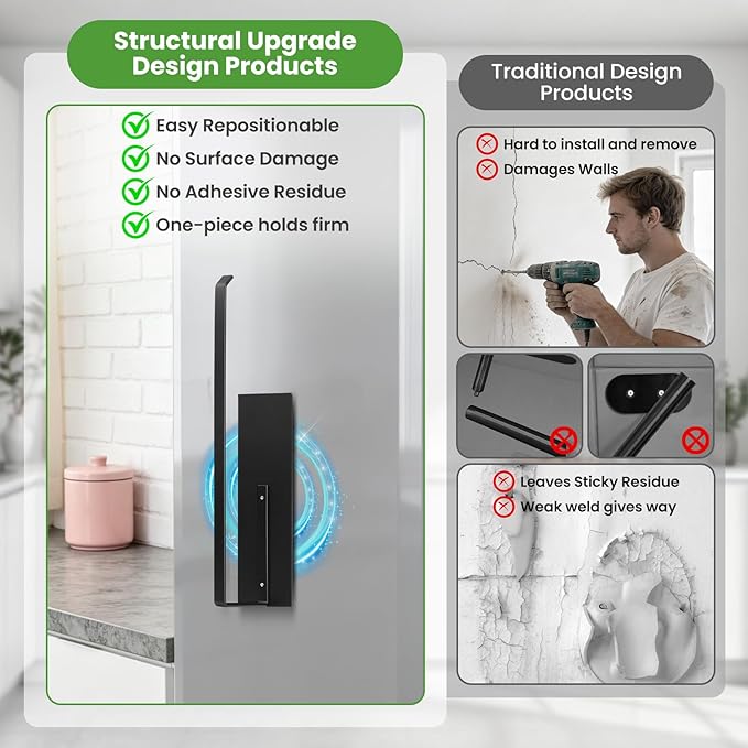 Paper Towel Holder Black, Toilet Paper Roll Holder Magnetic Towel Rack Wall Mount Fridge Organizer Shelf for Towels Rolls Bar Bathroom Toilet Pantry RV Essentials Kitchen Organizers and Storage 2 Pack