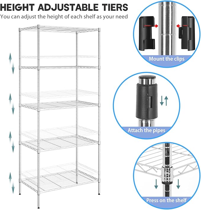 5 Tier Metal Shelving Unit, Heavy Duty Wire Shelves, Adjustable Storage Rack for Kitchen, Garage Shelving, Pantry Shelves, Storage Shelves Organizer, 24" W x 14" D x 61" H, Chrome