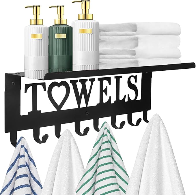 Towel Rack with Shelf 8 Hooks, Bathroom Towel Holder Metal Shelf Organizer, Wall Mounted Storage for Towels, Robes, Clothes in Bathroom, Hot Tub, Kitchen, Bedroom,Home