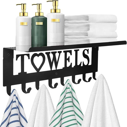 Towel Rack with Shelf 8 Hooks, Bathroom Towel Holder Metal Shelf Organizer, Wall Mounted Storage for Towels, Robes, Clothes in Bathroom, Hot Tub, Kitchen, Bedroom,Home