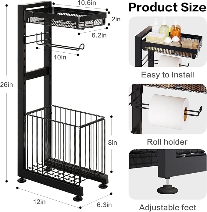 Toilet Paper Holder Stand with Storage Shelf - Multi Tier Metal Toilet Paper Stand with Large Basket for Tissue Rolls, Wipes (Black)