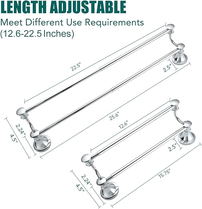 Hoimpro Adjustable Retractable 12-25 Inches Stainless Steel Bathroom Towel Bar, Bathroom Accessories Bath Hotel Double Towel Bar Rod Hanger Wall Mounted Towel Holder Towel Rack, Polished Chrome