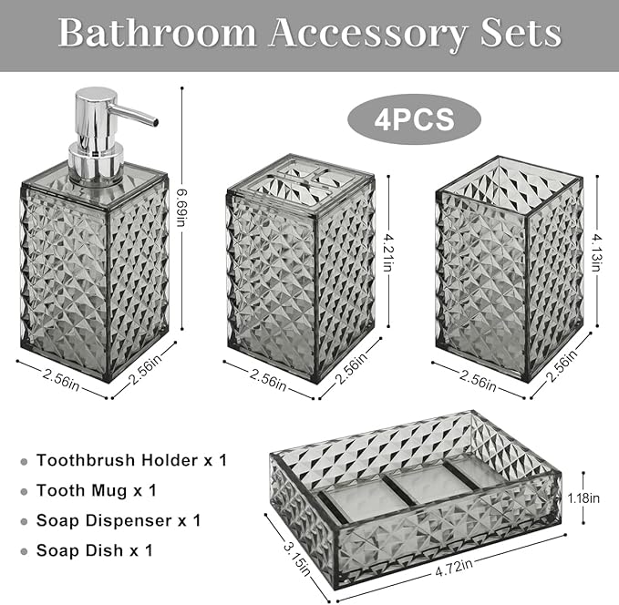 Bathroom Accessories Set, 4 Pcs Bathroom Decor Bathroom Sets Accessories, Diamond Soap Dispenser, Bathroom Tumbler, Soap Dish and Toothbrush Holder Set, Boho Bathroom Decor Grey