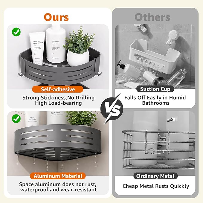 Adhesive Corner Shower Caddy, Bathroom Shower Organizer with Hooks, No Drilling 2-Tier Bathroom Corner Shelves, Bathroom Organiser for Bathrooms Storage (Aluminum, 2-Pack, Gunmetal Grey)
