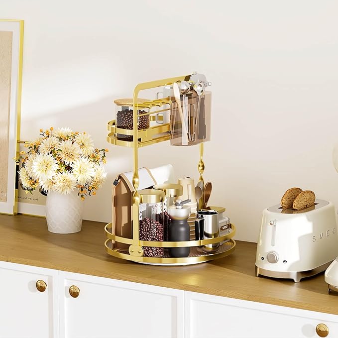 360 Rotating Makeup Organizer for Vanity, 2-Tier Gold Perfume Organizer, Lazy Susan for Bathroom Counter Organizer, Spinning Skincare Dresser Storage with Makeup Brush Holder & Jewelry Hooks