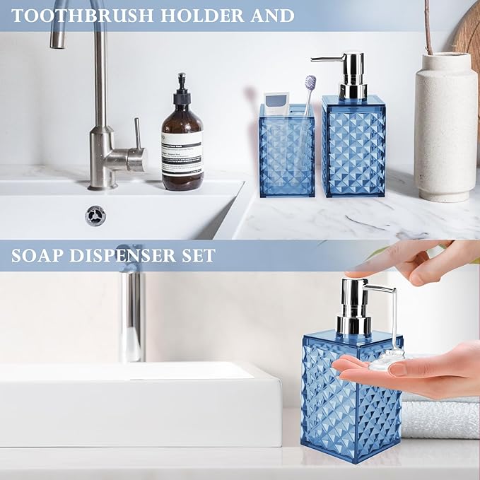 Blue Bathroom Accessories Set 2 PCS, Navy Blue Bathroom Accessories Include Soap Dispenser and Toothbrush Holder, Diamond Pattern Bathroom Set for Boho Bathroom Decor