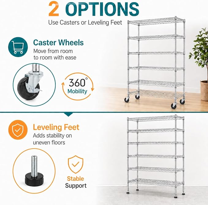 6-Tier Heavy Duty Wire Shelving Unit with Wheels or Leveling Feet, 6000 LBS Total Capacity, Adjustable Metal Storage Rack for Garage, Pantry, Kitchen, Basement, 48" W x 18" D x 76" H, Chrome