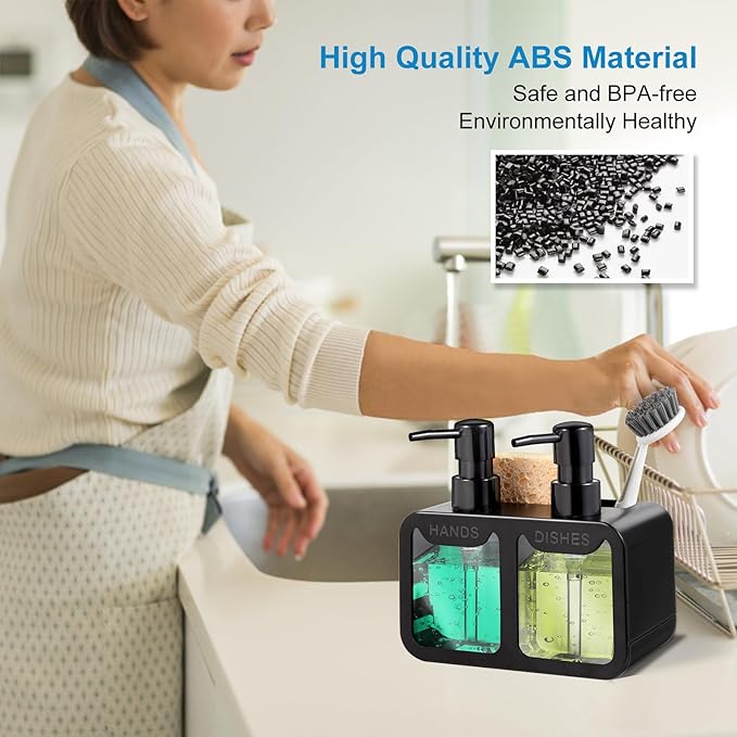 Kitchen Soap Dispenser Set, with Hand and Dish Soap, Sponge Caddy and Brush Holder 4-in-1 Kitchen Dual Soap Dispenser Set for Kitchen Sink, Bathroom - Black