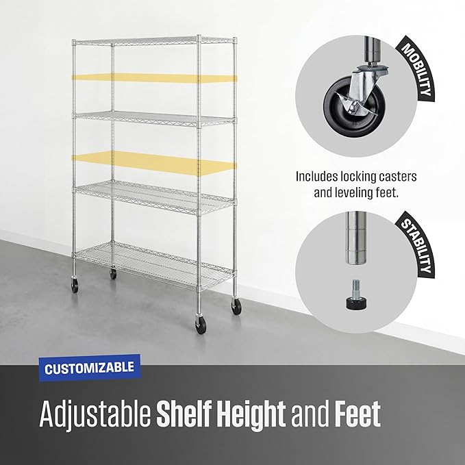 SafeRacks - NSF Certified Storage Shelves, Zinc, Heavy Duty Steel Wire Unit with Wheels and Adjustable Feet, Garage or Bakers Rack, Kitchen, Pantry Shelf - (18"x48"x72" 4-Tier) (Silver)
