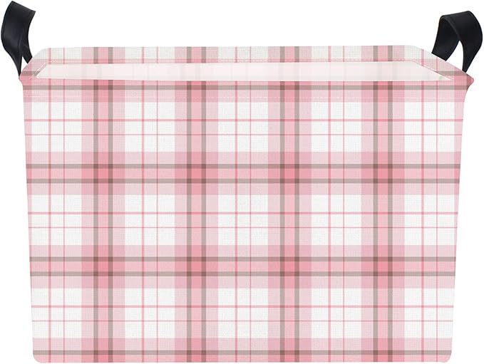 Pink Plaid Waterproof Multipurpose Foldable Storage Cift Basket with Leather Handle,Baby shower,Home,Picnic,Trunk(Pink Plaid)