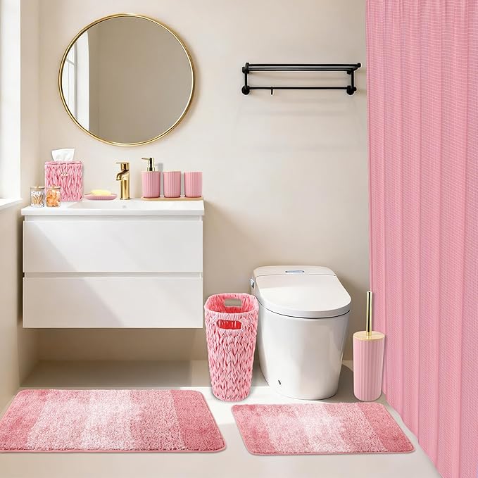 Bathroom Accessories Set, 25PCS Wicker Bathroom Accessory Set with Shower Curtain, Bath Mat, Soap Dispenser, Handwoven Trash Can & Ratten Tissue Box (Pink, Bath Set+Shower Curtain+Rugs)